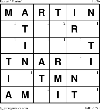 The grouppuzzles.com Easiest Martin puzzle for  with the first 2 steps marked