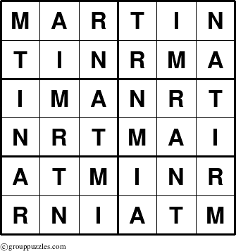 The grouppuzzles.com Answer grid for the Martin puzzle for 