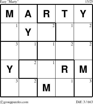 The grouppuzzles.com Easy Marty puzzle for  with the first 3 steps marked