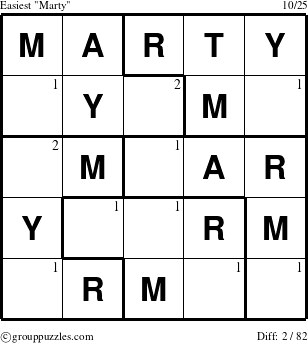 The grouppuzzles.com Easiest Marty puzzle for  with the first 2 steps marked