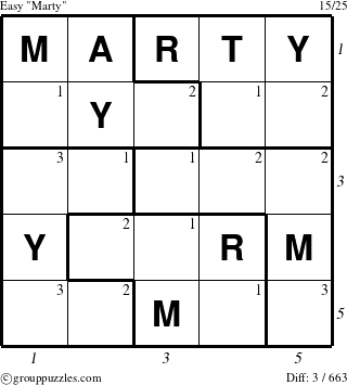 The grouppuzzles.com Easy Marty puzzle for , suitable for printing, with all 3 steps marked