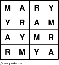 The grouppuzzles.com Answer grid for the Mary puzzle for 