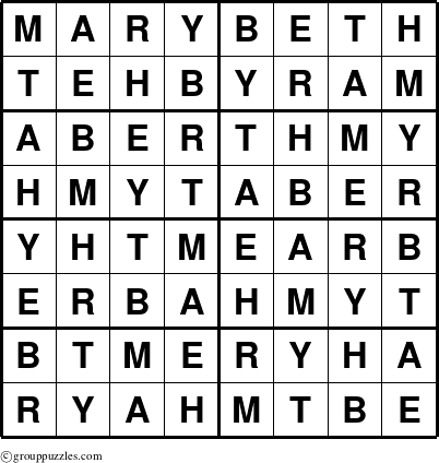 The grouppuzzles.com Answer grid for the Marybeth puzzle for 