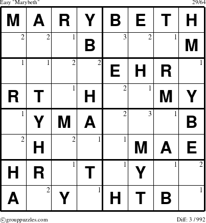 The grouppuzzles.com Easy Marybeth puzzle for  with the first 3 steps marked