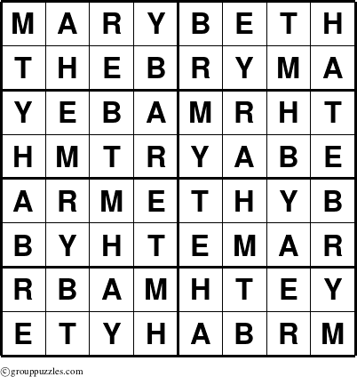 The grouppuzzles.com Answer grid for the Marybeth puzzle for 