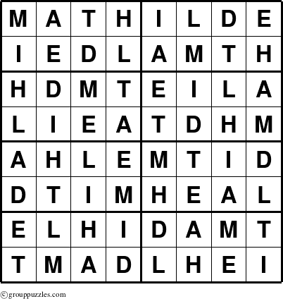 The grouppuzzles.com Answer grid for the Mathilde puzzle for 