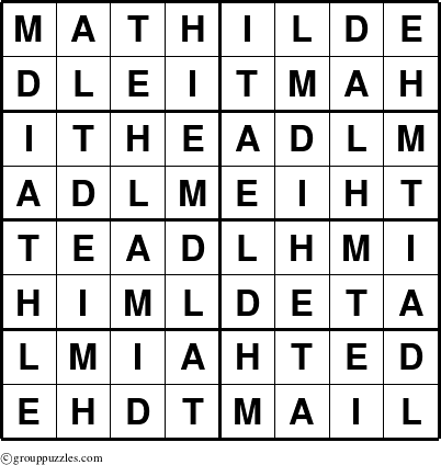 The grouppuzzles.com Answer grid for the Mathilde puzzle for 