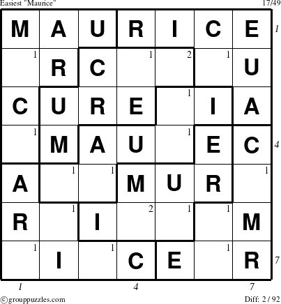 The grouppuzzles.com Easiest Maurice puzzle for , suitable for printing, with all 2 steps marked