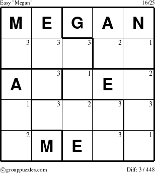 The grouppuzzles.com Easy Megan puzzle for  with the first 3 steps marked