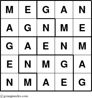 The grouppuzzles.com Answer grid for the Megan puzzle for 