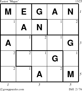 The grouppuzzles.com Easiest Megan puzzle for  with all 2 steps marked