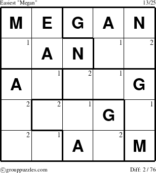 The grouppuzzles.com Easiest Megan puzzle for  with the first 2 steps marked
