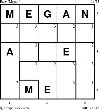 The grouppuzzles.com Easy Megan puzzle for , suitable for printing, with all 3 steps marked