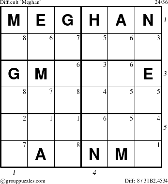 The grouppuzzles.com Difficult Meghan puzzle for  with all 8 steps marked