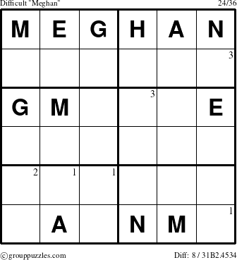 The grouppuzzles.com Difficult Meghan puzzle for  with the first 3 steps marked