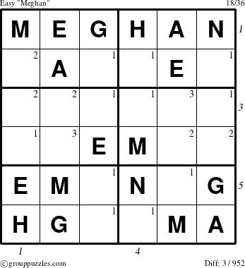 The grouppuzzles.com Easy Meghan puzzle for , suitable for printing, with all 3 steps marked