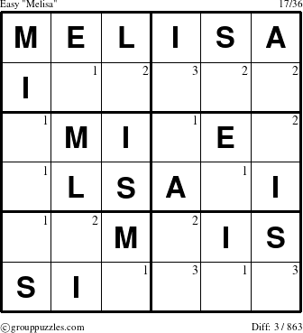 The grouppuzzles.com Easy Melisa puzzle for  with the first 3 steps marked