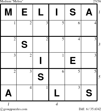 The grouppuzzles.com Medium Melisa puzzle for , suitable for printing, with all 6 steps marked