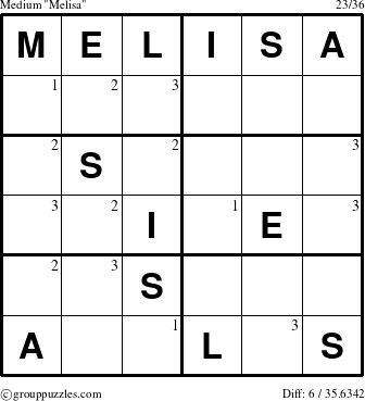 The grouppuzzles.com Medium Melisa puzzle for  with the first 3 steps marked