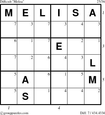 The grouppuzzles.com Difficult Melisa puzzle for , suitable for printing, with all 7 steps marked