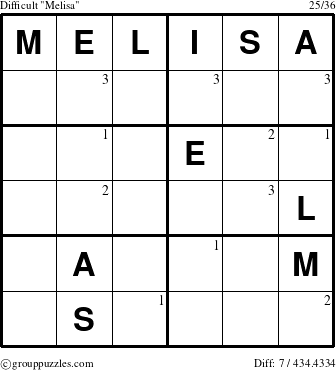 The grouppuzzles.com Difficult Melisa puzzle for  with the first 3 steps marked