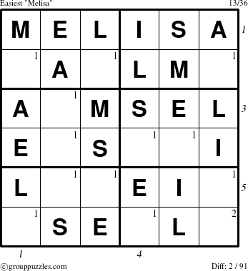 The grouppuzzles.com Easiest Melisa puzzle for , suitable for printing, with all 2 steps marked