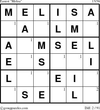The grouppuzzles.com Easiest Melisa puzzle for  with the first 2 steps marked