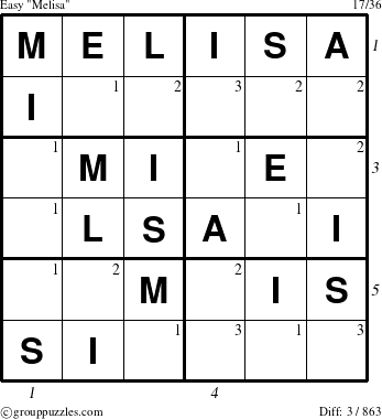 The grouppuzzles.com Easy Melisa puzzle for  with all 3 steps marked