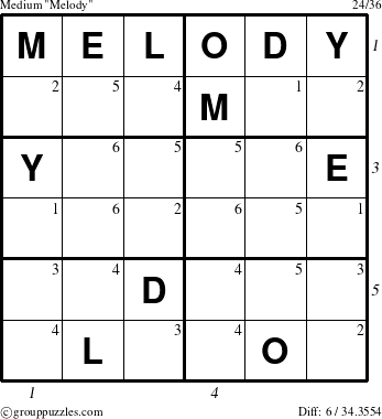 The grouppuzzles.com Medium Melody puzzle for , suitable for printing, with all 6 steps marked