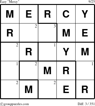 The grouppuzzles.com Easy Mercy puzzle for  with the first 3 steps marked