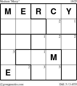 The grouppuzzles.com Medium Mercy puzzle for  with the first 3 steps marked