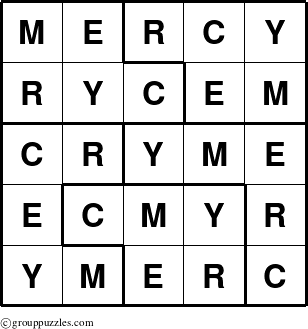 The grouppuzzles.com Answer grid for the Mercy puzzle for 