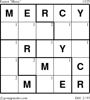 The grouppuzzles.com Easiest Mercy puzzle for  with the first 2 steps marked