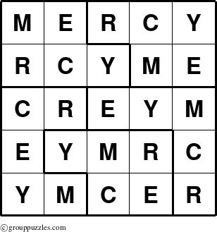 The grouppuzzles.com Answer grid for the Mercy puzzle for 