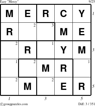 The grouppuzzles.com Easy Mercy puzzle for , suitable for printing, with all 3 steps marked