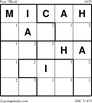 The grouppuzzles.com Easy Micah puzzle for  with the first 3 steps marked