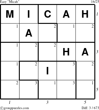 The grouppuzzles.com Easy Micah puzzle for  with all 3 steps marked