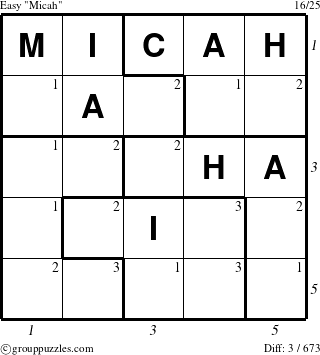 The grouppuzzles.com Easy Micah puzzle for , suitable for printing, with all 3 steps marked