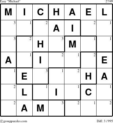 The grouppuzzles.com Easy Michael puzzle for  with the first 3 steps marked