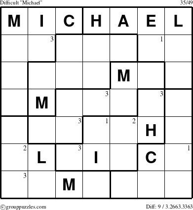 The grouppuzzles.com Difficult Michael puzzle for  with the first 3 steps marked