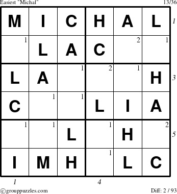 The grouppuzzles.com Easiest Michal puzzle for  with all 2 steps marked
