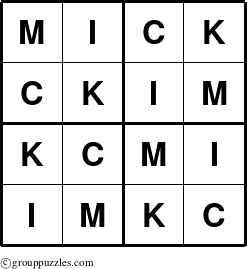 The grouppuzzles.com Answer grid for the Mick puzzle for 
