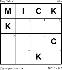 The grouppuzzles.com Easy Mick puzzle for  with the first 3 steps marked