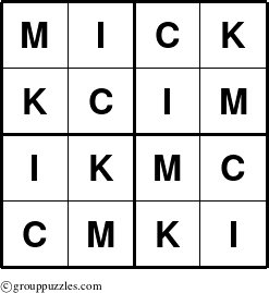 The grouppuzzles.com Answer grid for the Mick puzzle for 