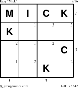 The grouppuzzles.com Easy Mick puzzle for , suitable for printing, with all 3 steps marked