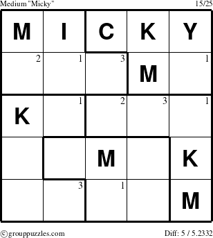 The grouppuzzles.com Medium Micky puzzle for  with the first 3 steps marked