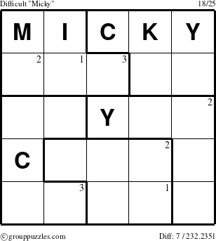 The grouppuzzles.com Difficult Micky puzzle for  with the first 3 steps marked