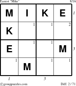 The grouppuzzles.com Easiest Mike puzzle for , suitable for printing, with all 2 steps marked