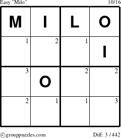 The grouppuzzles.com Easy Milo puzzle for  with the first 3 steps marked