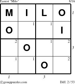 The grouppuzzles.com Easiest Milo puzzle for , suitable for printing, with all 2 steps marked